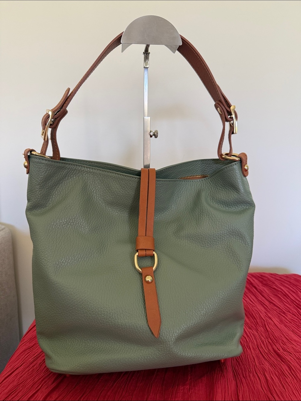 Valentina Green Leather Hobo Bag with Tan Strap